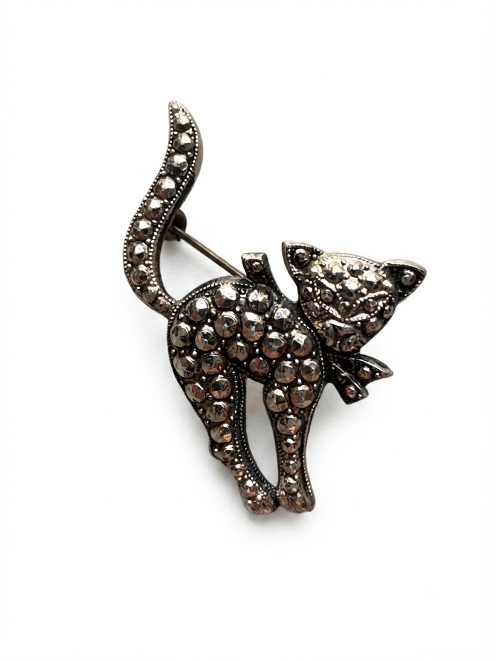 Vintage 1950’s Marcasite Arched Cat wWith Bow Brooch- Silver Tone